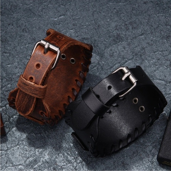 Men's Style Alloy Totem Charm Braided Leather Bracelet Wide Wristband - Picture 4 of 7